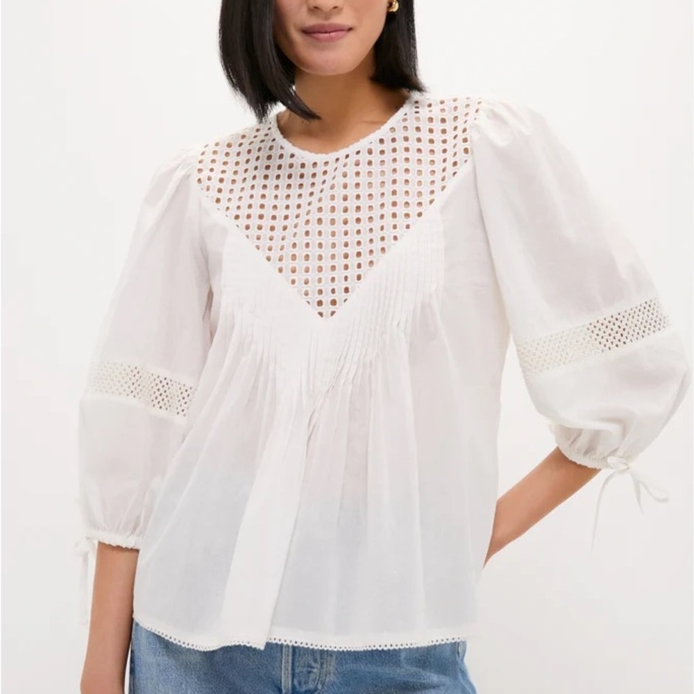 Tuckernuck White Bella Blouse Eyelet Yoke Puff-Sleeve Cotton